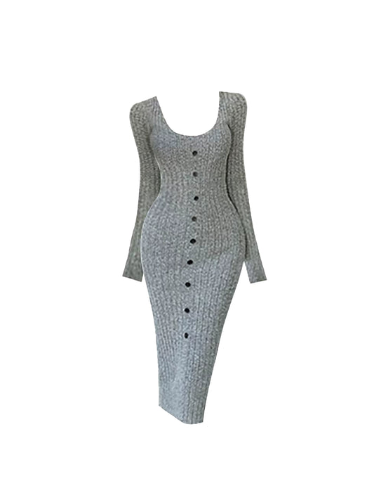 Alluring Square Neck Sheath Grey Midi Dress Vogue Long Sleeve Buttons Accent Knitted Long Dress AP4170