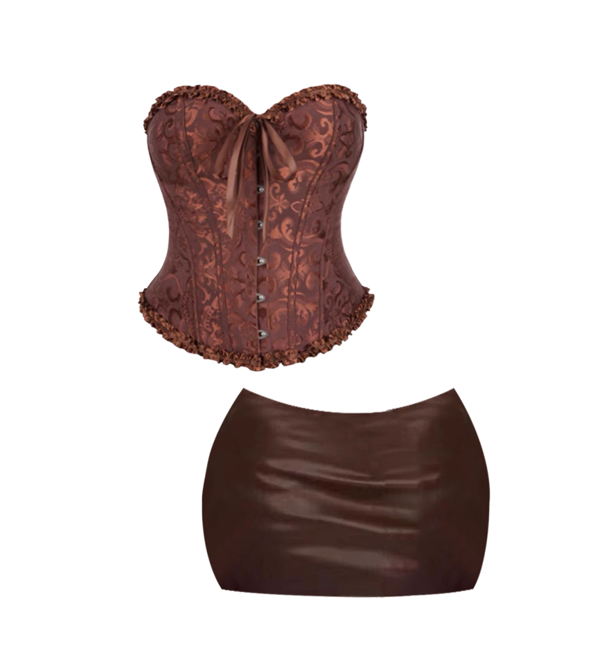 Glam Sheath 2-Piece Set Party Outfit Bow Accent Mini Skirt Retro Jacquard Bodice Strapless Ruffles Trim Short Dress AP4172