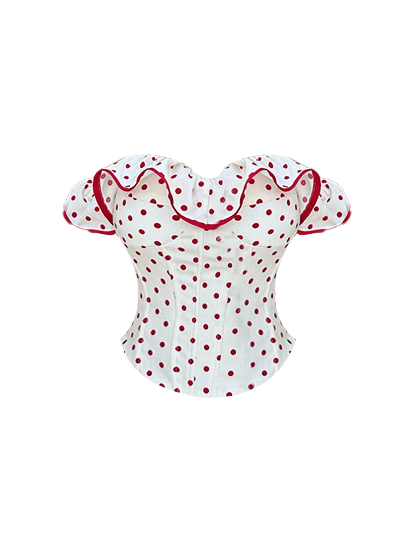 Glamorous 2-Piece Set Polka Dots Sheath Mini Skirt Sweet Bows Ruffles Accent Off-Shoulder Short Dress AP4173