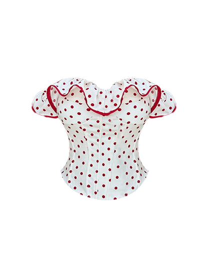 Glamorous 2-Piece Set Polka Dots Sheath Mini Skirt Sweet Bows Ruffles Accent Off-Shoulder Short Dress AP4173