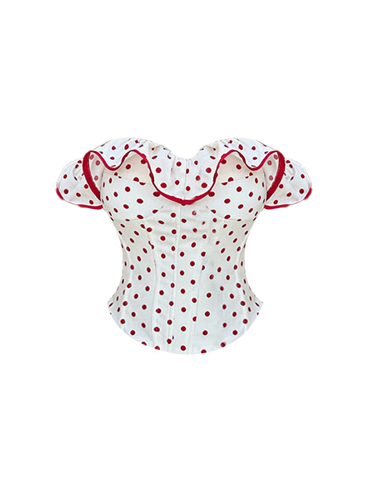 Glamorous 2-Piece Set Polka Dots Sheath Mini Skirt Sweet Bows Ruffles Accent Off-Shoulder Short Dress AP4173