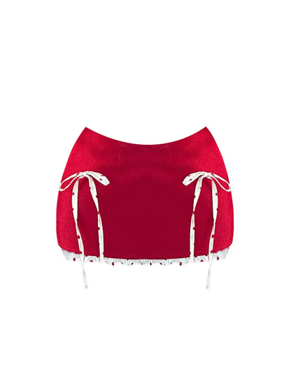 Glamorous 2-Piece Set Polka Dots Sheath Mini Skirt Sweet Bows Ruffles Accent Off-Shoulder Short Dress AP4173