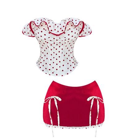 Glamorous 2-Piece Set Polka Dots Sheath Mini Skirt Sweet Bows Ruffles Accent Off-Shoulder Short Dress AP4173