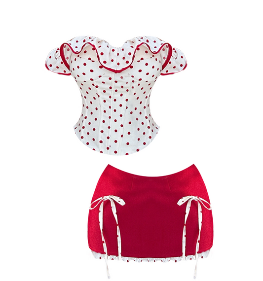 Glamorous 2-Piece Set Polka Dots Sheath Mini Skirt Sweet Bows Ruffles Accent Off-Shoulder Short Dress AP4173