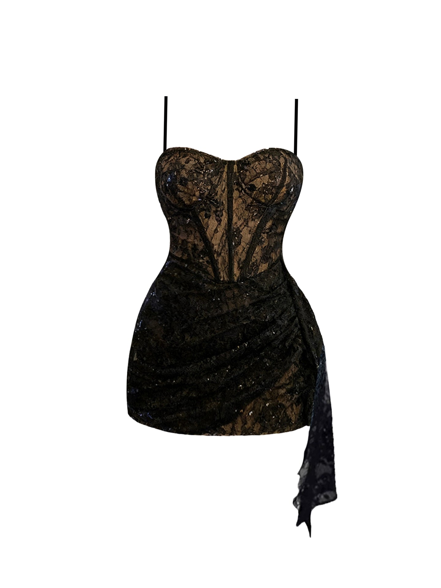 Dramatic Spaghetti Strap Splicing Lace Mini Skirt Bling Sequins Design Bodycon Short Dress AP4174