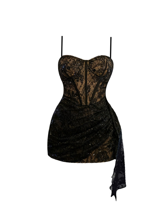 Dramatic Spaghetti Strap Splicing Lace Mini Skirt Bling Sequins Design Bodycon Short Dress AP4174