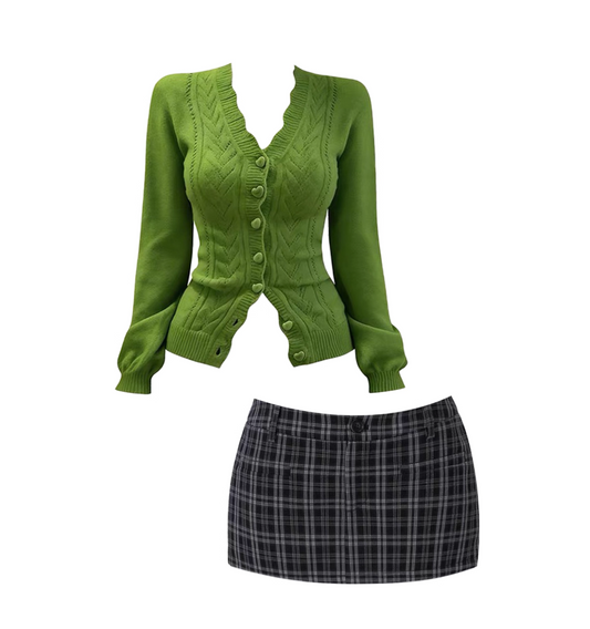 Novelty Knitted V Neck Blouse & Plaid Mini Skirt Chic Long Sleeve 2-Piece Set Bodycon Short Dress AP4176