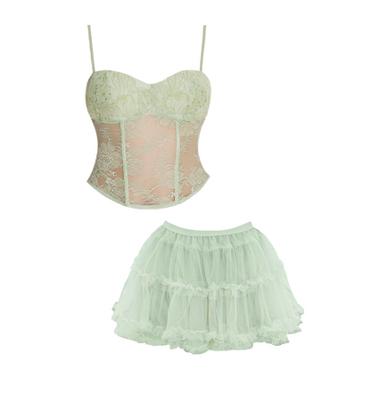 Vibrant Spaghetti Strap Bodice 2-Piece Set Mini Skirt Adorable Lace Splicing A-Line Tulle Tiered Short Dress AP4178