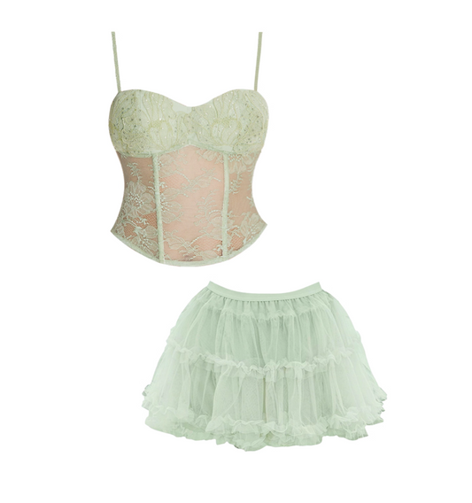 Vibrant Spaghetti Strap Bodice 2-Piece Set Mini Skirt Adorable Lace Splicing A-Line Tulle Tiered Short Dress AP4178