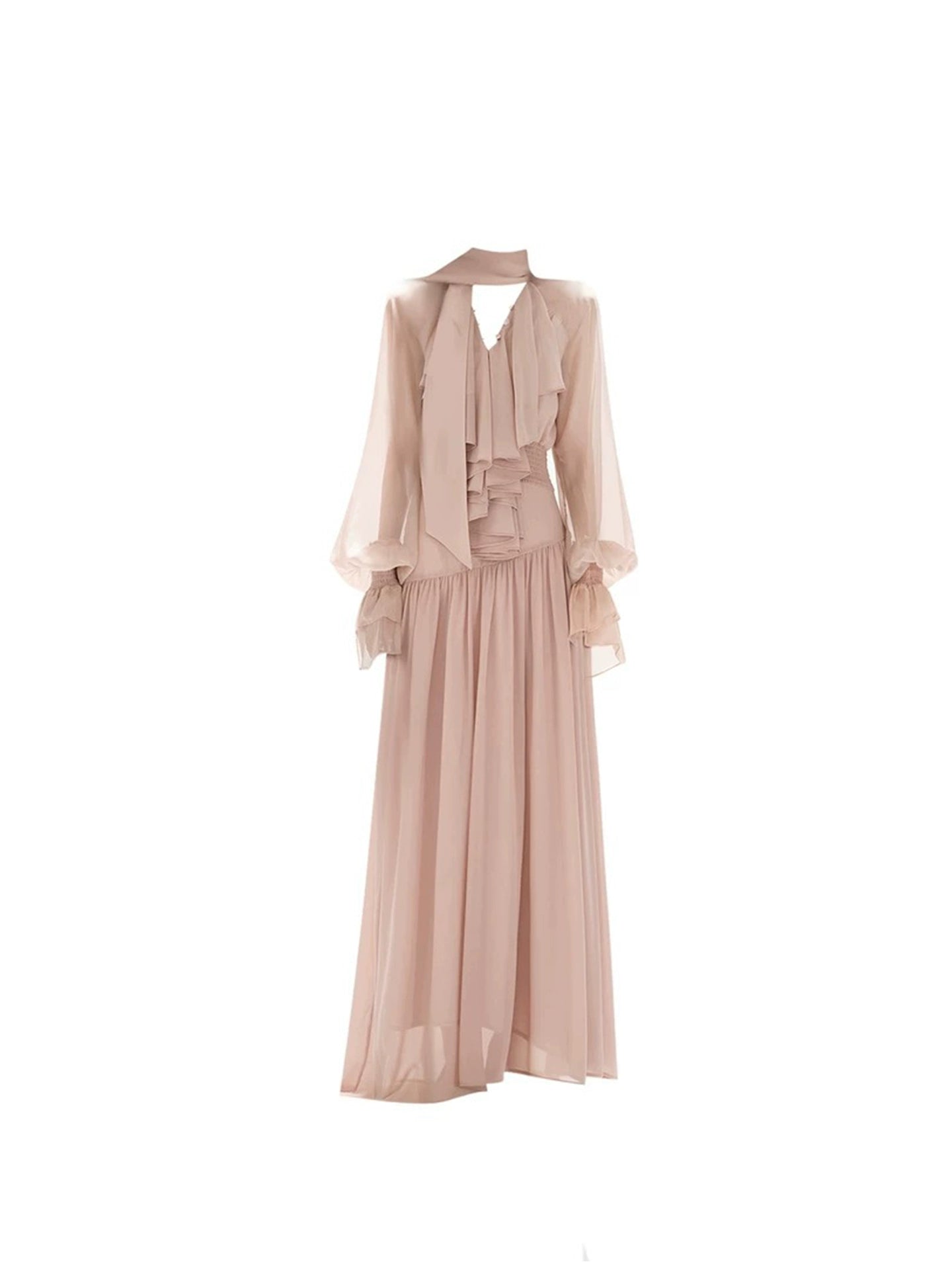 Fashionable Long Sleeve Sash Maxi Dress Ethereal Ruffles Tulle V Neck A-Line Long Dress AP4179