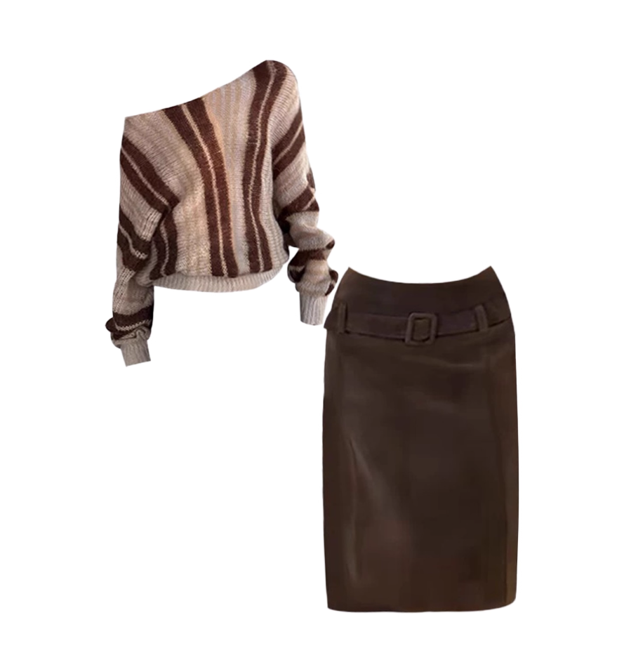 French Style Asymmetric Neck Sheath Midi Dress Vintage Long Sleeve Knitted Sweater 2-Piece Set Long Dress AP4180