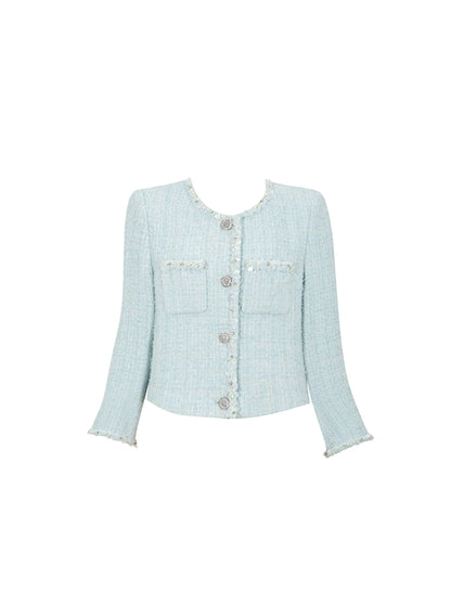 Minimalist Tweed 2-Piece Set Jewel Neck Beaded Mini Skirt Graceful Long Sleeve A-Line Pleated Short Dress AP4181