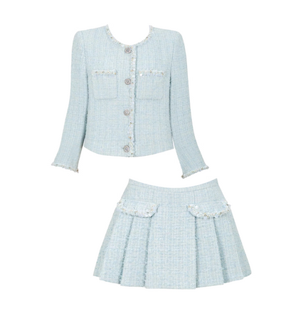 Minimalist Tweed 2-Piece Set Jewel Neck Beaded Mini Skirt Graceful Long Sleeve A-Line Pleated Short Dress AP4181