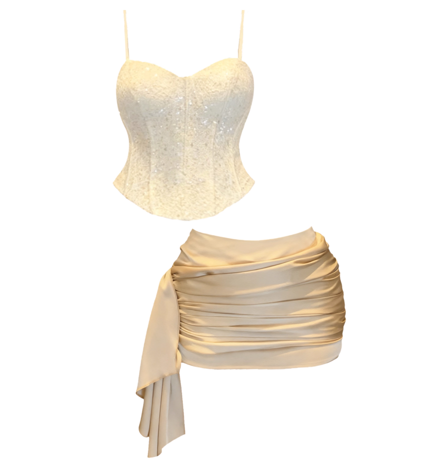 Simple 2-Piece Set Bodycon Ruched Mini Skirt   Spaghetti Strap Splicing Lace Bodice Sequins Design Short Dress AP4182