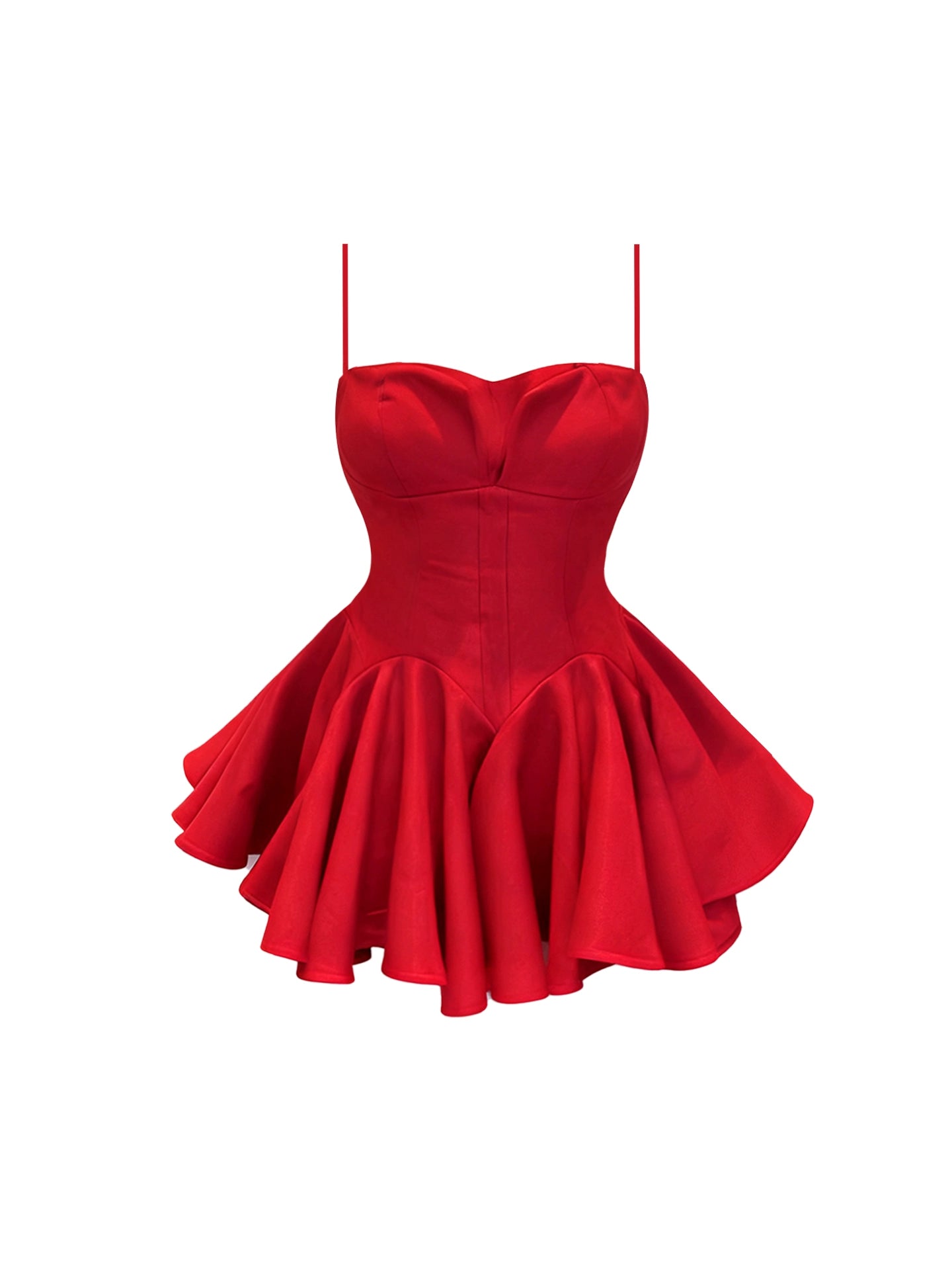 Charming Spaghetti Strap Cinched-Waist Red Mini Skirt Simple A-Line Flowy Short Dress AP4183