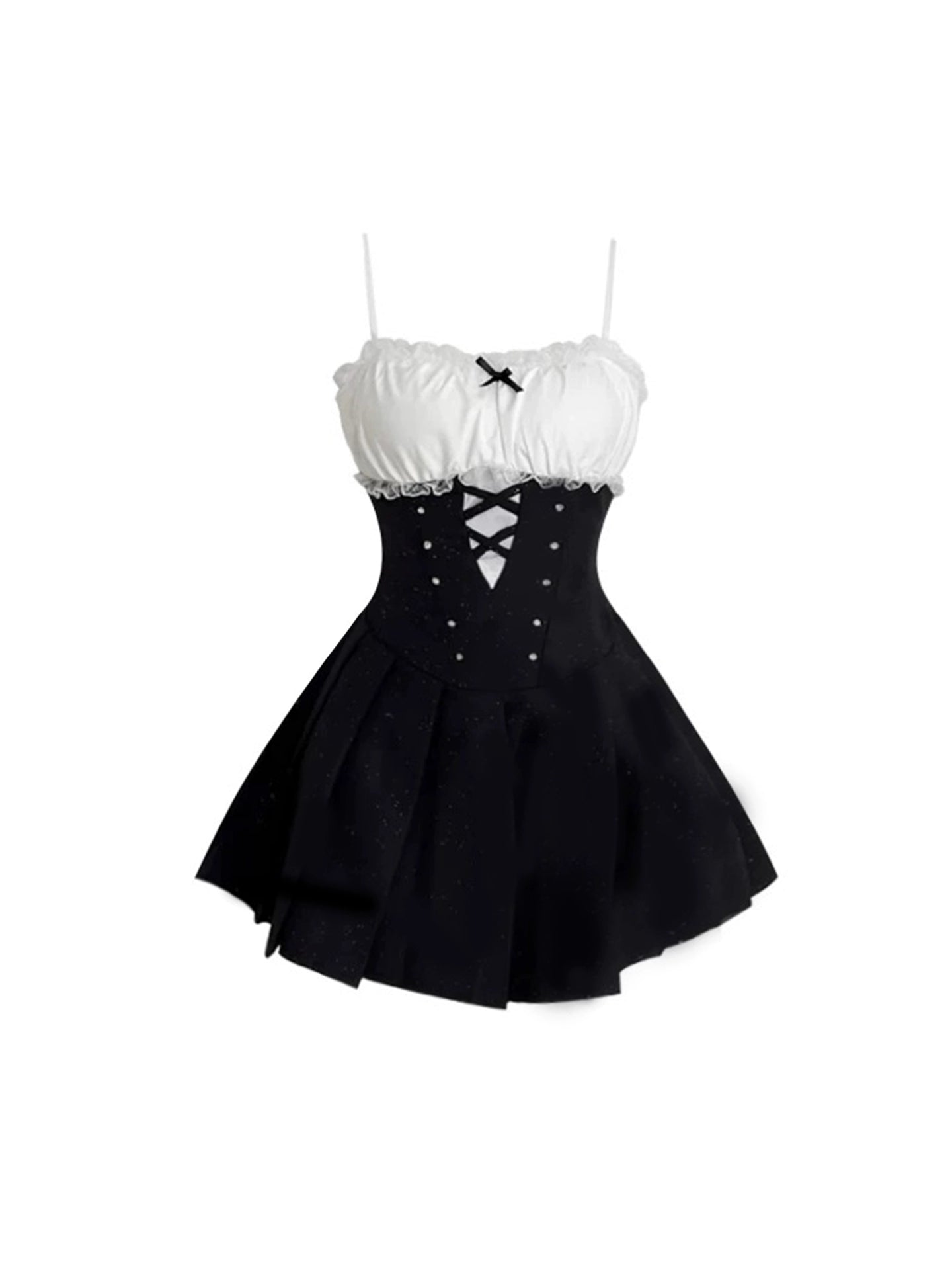 Dopamine Style Spaghetti Strap Lace Trim Mini Skirt Sweet Color-Block A-Line Bow Accent Short Dress AP4184