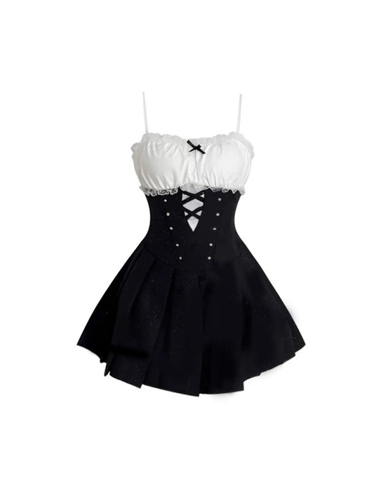 Dopamine Style Spaghetti Strap Lace Trim Mini Skirt Sweet Color-Block A-Line Bow Accent Short Dress AP4184