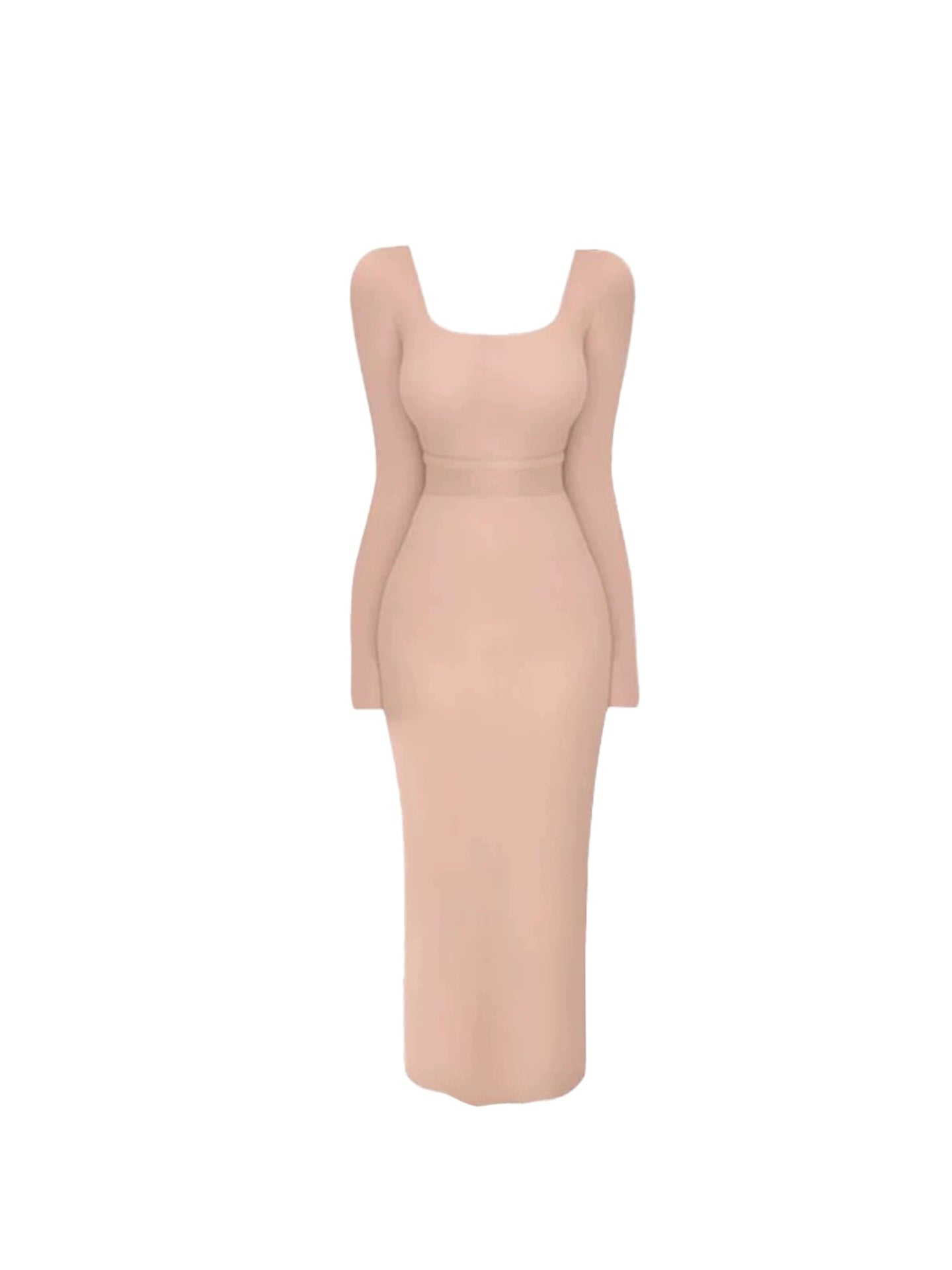 Playful Square Neck Sheath Knitted Midi Dress Elegant Long Sleeve Cinched-Waist Long Dress AP4186