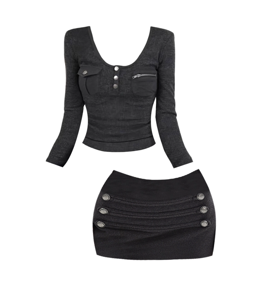 Trendy Knitted Jewel Neck Blouse 2-Piece Set Mini Skirt Retro Long Sleeve Bodycon Short Dress AP4190