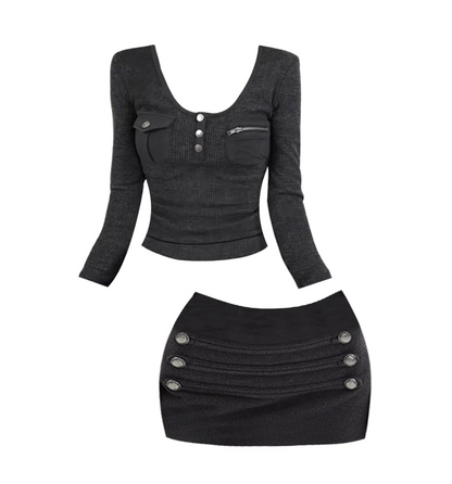 Trendy Knitted Jewel Neck Blouse 2-Piece Set Mini Skirt Retro Long Sleeve Bodycon Short Dress AP4190