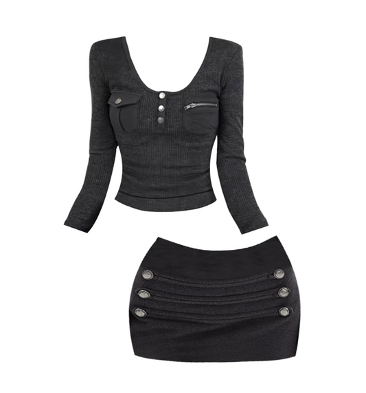 Trendy Knitted Jewel Neck Blouse 2-Piece Set Mini Skirt Retro Long Sleeve Bodycon Short Dress AP4190