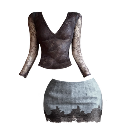 Attractive V Neck 2-Piece Set Mini Skirt Vintage Lace Trim Long Sleeve Bodycon Short Dress AP4191