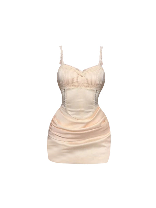 Sexy Spaghetti Strap Lace Trim Mini Skirt Attractive Draped Bodycon Short Dress AP4192