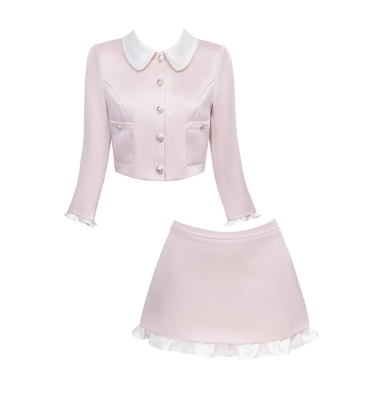 Glittering Jewel Neck 2-Piece Set Ruffles Trim Mini Skirt Attractive Long Sleeve Bodycon Office Outfit Short Dress AP4194