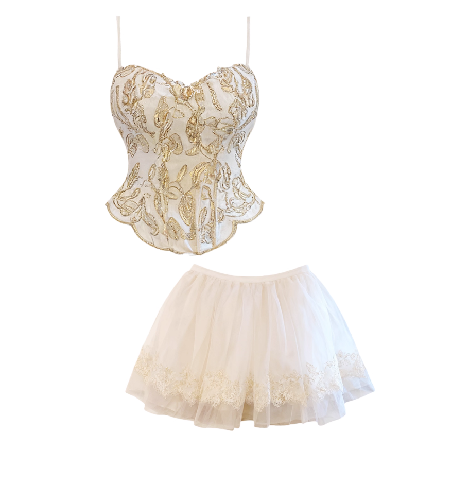 Bling Spaghetti Strap Jacquard Bodice Lace Trim Mini Skirt Dreamy A-Line 2-Piece Set Tiered Tulle Short Dress AP4195
