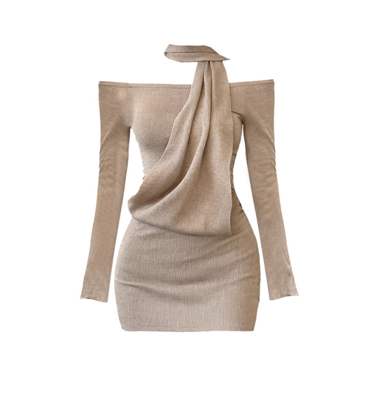 Modern Sash Trim Off-Shoulder Mini Skirt Simple Long Sleeve Sheath Short Dress AP4196