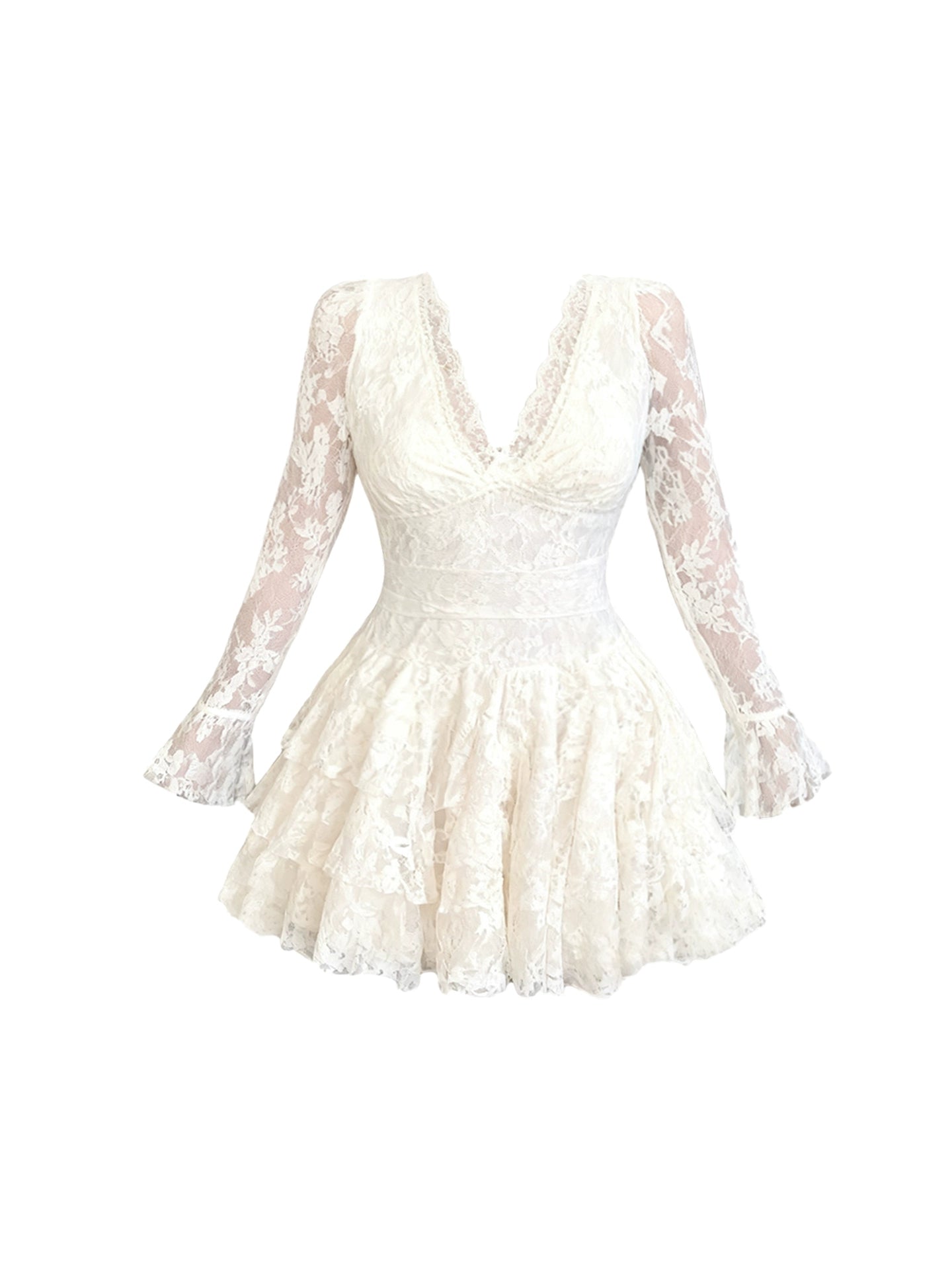 Princess Lace Splicing V Neck Tiered Mini Skirt Stylish Long Sleeve A-Line Short Dress AP4197