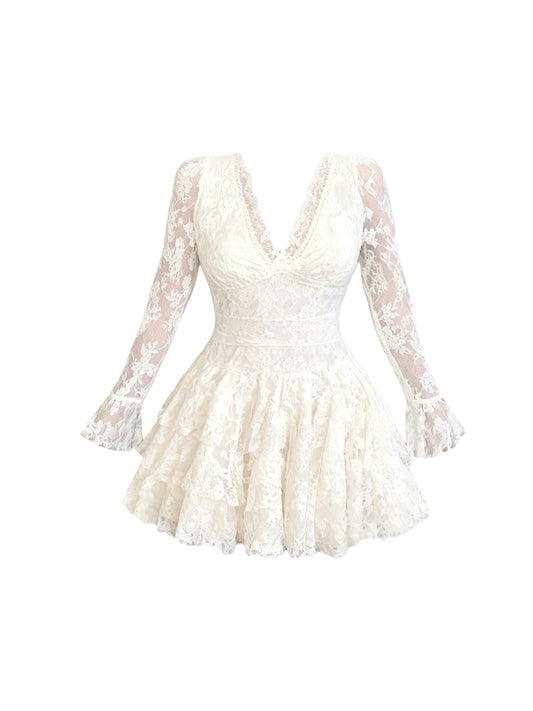 Princess Lace Splicing V Neck Tiered Mini Skirt Stylish Long Sleeve A-Line Short Dress AP4197