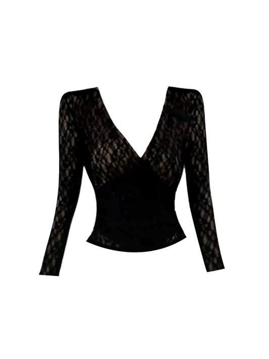 Pretty V Neck Blouse 2-Piece Set Polka Dots Mini Skirt Adorable Long Sleeve Lace Trim A-Line Short Dress AP4198