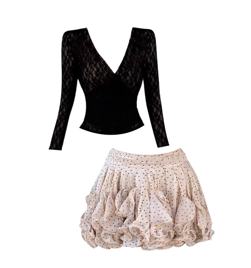 Pretty V Neck Blouse 2-Piece Set Polka Dots Mini Skirt Adorable Long Sleeve Lace Trim A-Line Short Dress AP4198