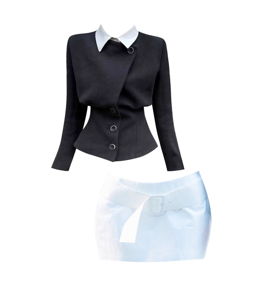 Fancy 2-Piece Set Cinched-Waist Lapel Neck Mini Skirt Glam Long Sleeve Office Outfit Bodycon Short Dress AP4199