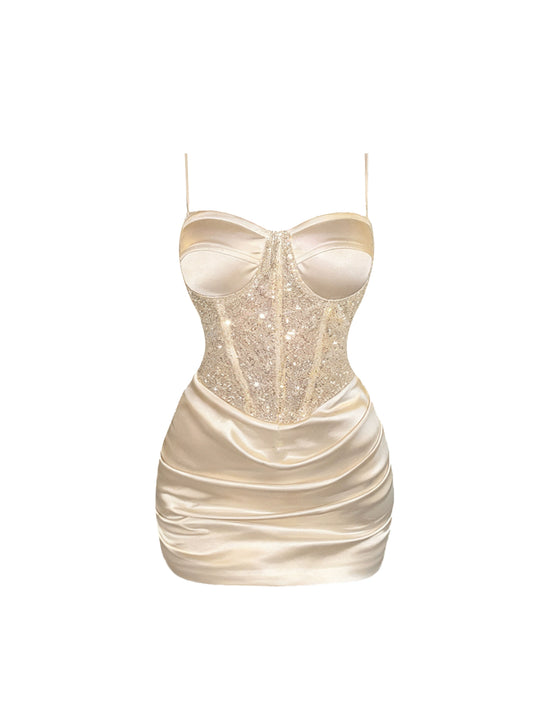 Hot Girls Sequins Design Spaghetti Strap Mini Skirt Fancy Splicing Lace Bodycon Short Dress AP4201