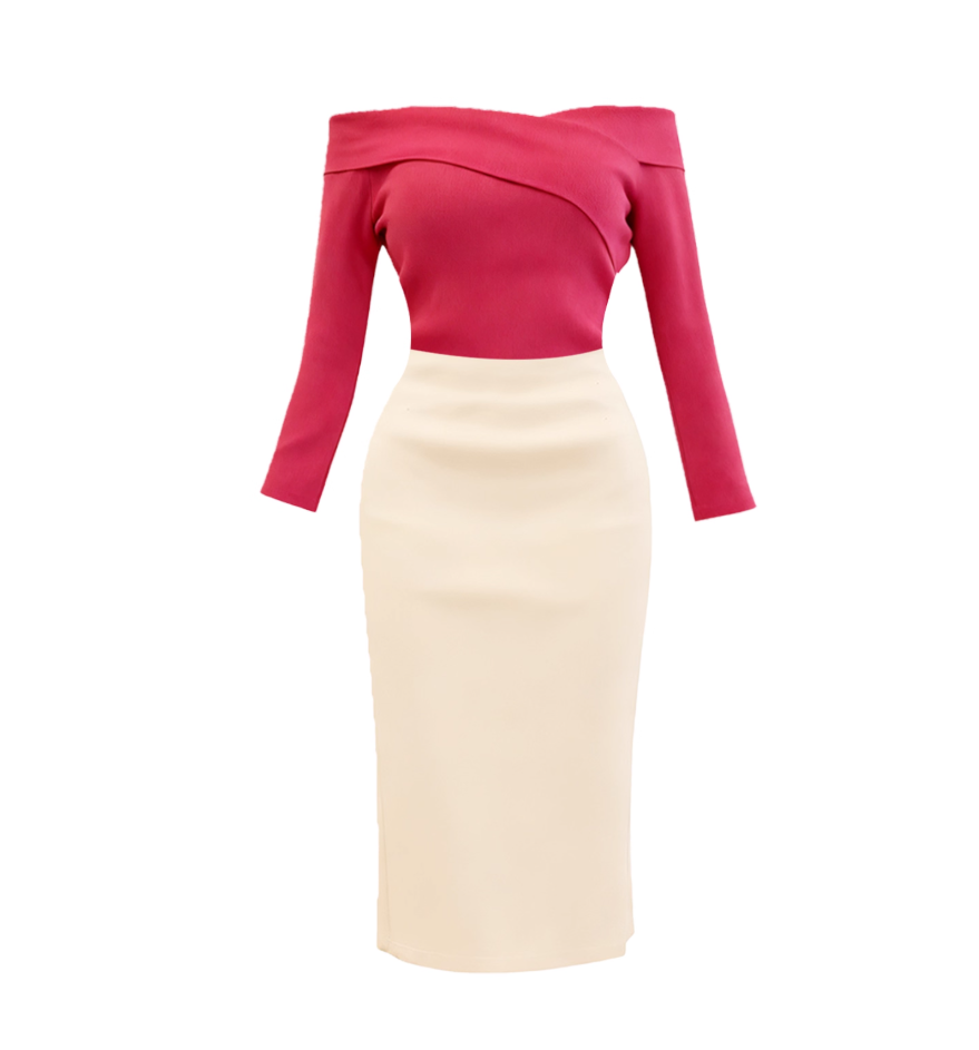 Gen Z Style Sheath 2-Piece Set Midi Dress Vibrant Long Sleeve Off-Shoulder Long Dress AP4202