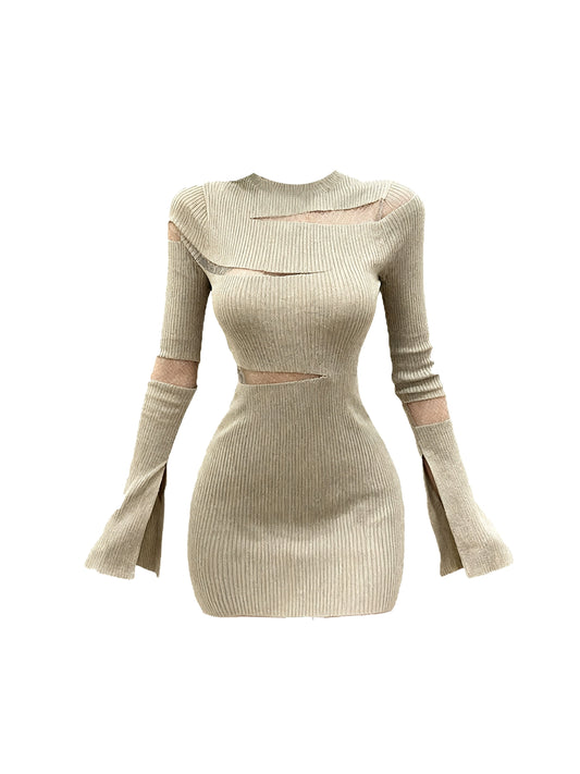 Hottie Jewel Neck Knitted Mini Skirt Vintage Long Sleeve Sheath Cutout Short Dress AP4203