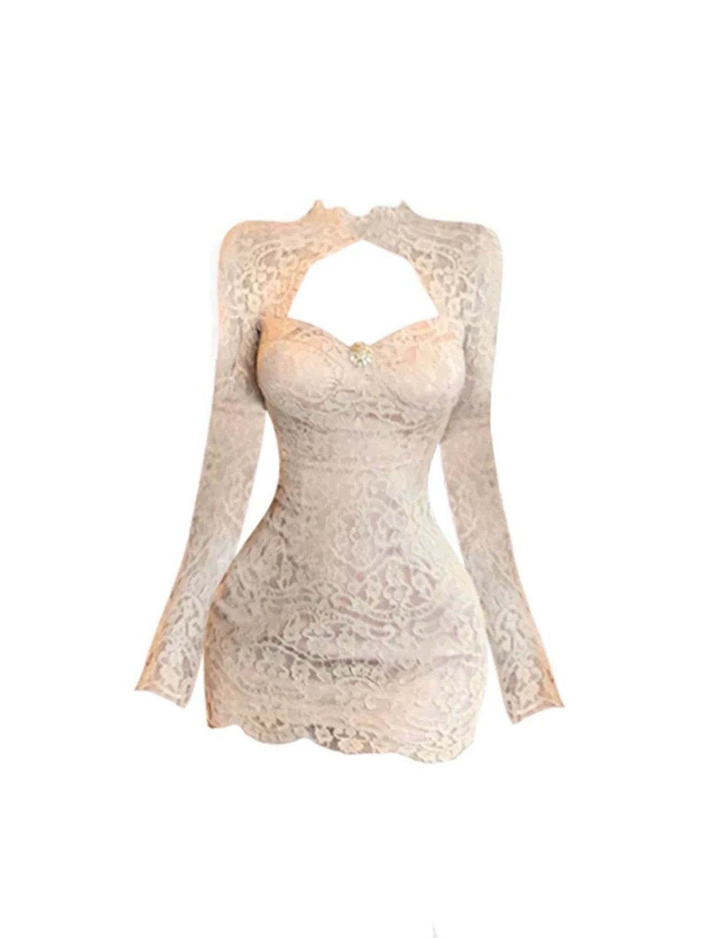 Casual Jewel Neck Lace Trim Mini Skirt Retro Long Sleeve Cutout Sheath Short Dress AP4204