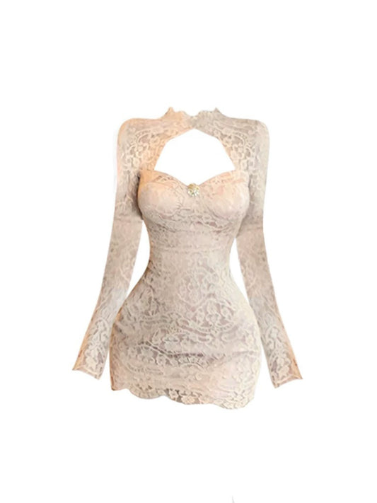 Casual Jewel Neck Lace Trim Mini Skirt Retro Long Sleeve Cutout Sheath Short Dress AP4204