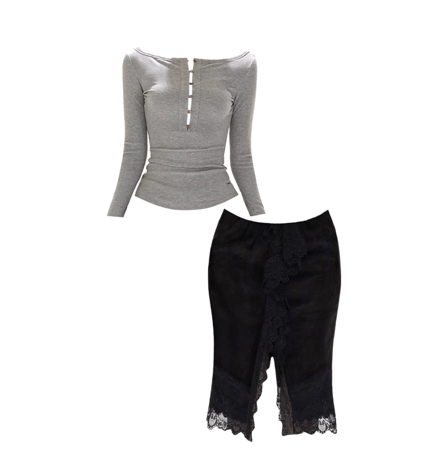 Y2K Sheath 2-Piece Set Boat Neck Slit Midi Dress Casual Long Sleeve Lace Trim Long Dress AP4205