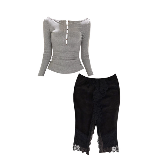 Y2K Sheath 2-Piece Set Boat Neck Slit Midi Dress Casual Long Sleeve Lace Trim Long Dress AP4205