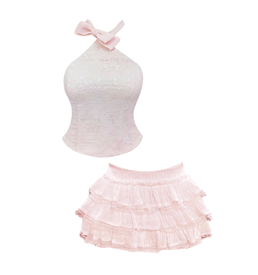 New Tendency 2-Piece Set A-Line Jacquard Mini Skirt Sweet Bow Design Tiered Halter Short Dress AP4206