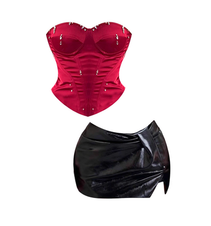 Fairy Sheath 2-Piece Set Party Outfit Mini Skirt Charming Crystals Accent Strapless Side Slit Short Dress AP4207