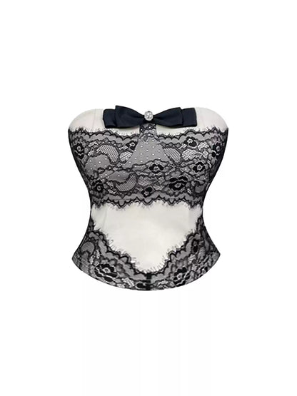 Gothic-Style 2-Piece Set A-Line Tiered Mini Skirt Hottie Outfit Lace Trim Strapless Bow Accent Short Dress AP4208