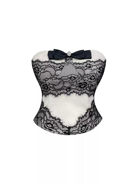 Gothic-Style 2-Piece Set A-Line Tiered Mini Skirt Hottie Outfit Lace Trim Strapless Bow Accent Short Dress AP4208