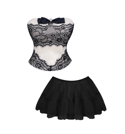 Gothic-Style 2-Piece Set A-Line Tiered Mini Skirt Hottie Outfit Lace Trim Strapless Bow Accent Short Dress AP4208