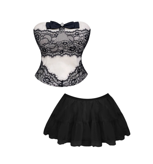 Gothic-Style 2-Piece Set A-Line Tiered Mini Skirt Hottie Outfit Lace Trim Strapless Bow Accent Short Dress AP4208