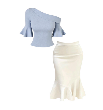 Everyday Wear Sheath 2-Piece Set Asymmetric Neck Midi Dress Casual Short Sleeve Ruffles Hem Long Dress AP4209