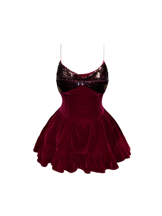 Boho-Inspired Spaghetti Strap Sequins Accent Mini Skirt Vibrant Splicing Velvet A-Line Red Short Dress AP4210
